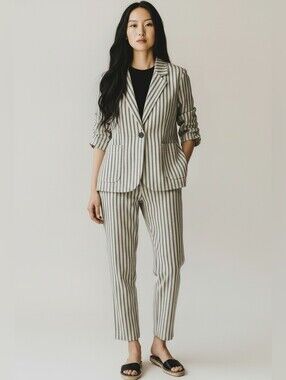Karen Kane Cream and Black Striped Straight-Leg Pantsuit